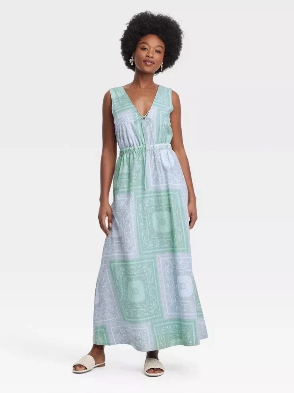 Target Universal Thread Paisley Print V Neck Maxi Dress Green Blue Size Small